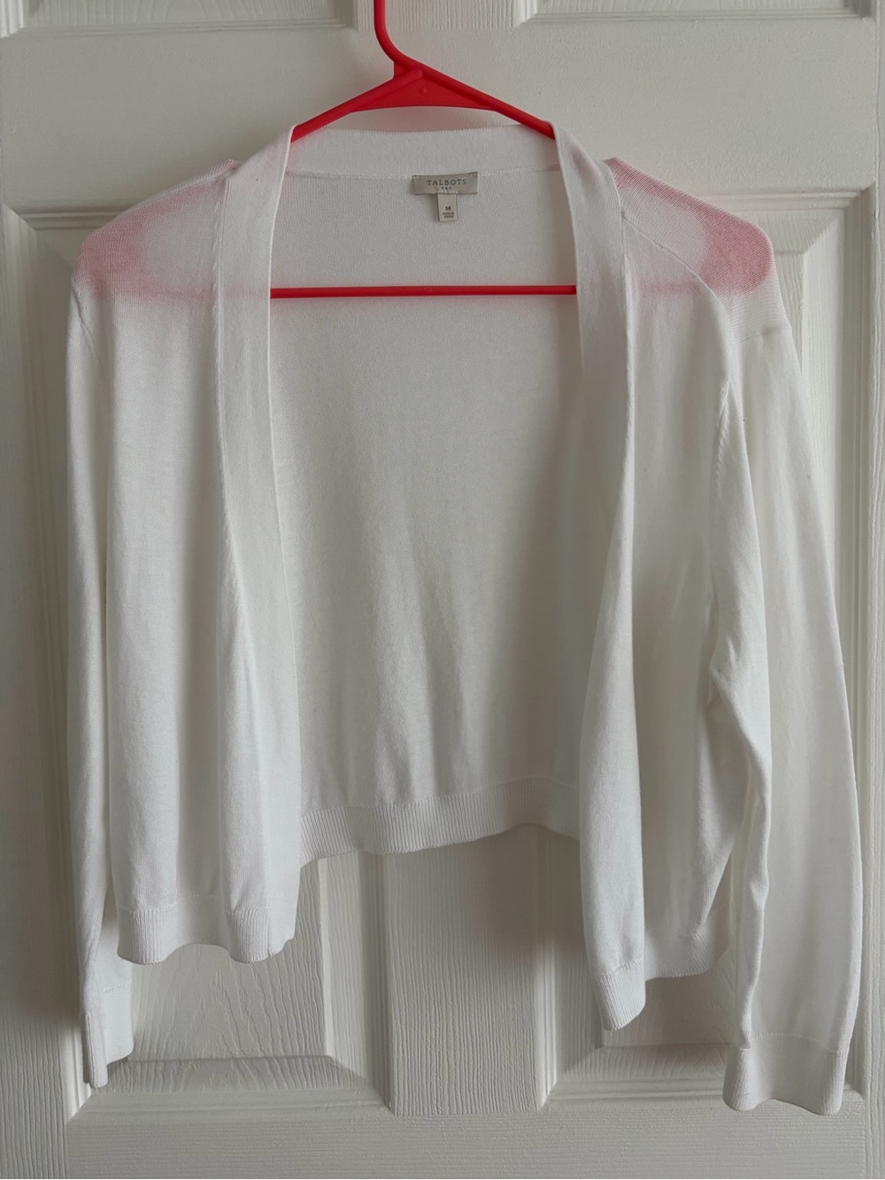 Talbots White Cropped Open-Front Cardigan with Pink Shoulder Tint